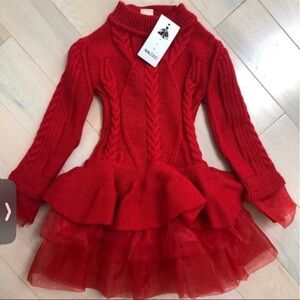 red knit dress tulle trim girls